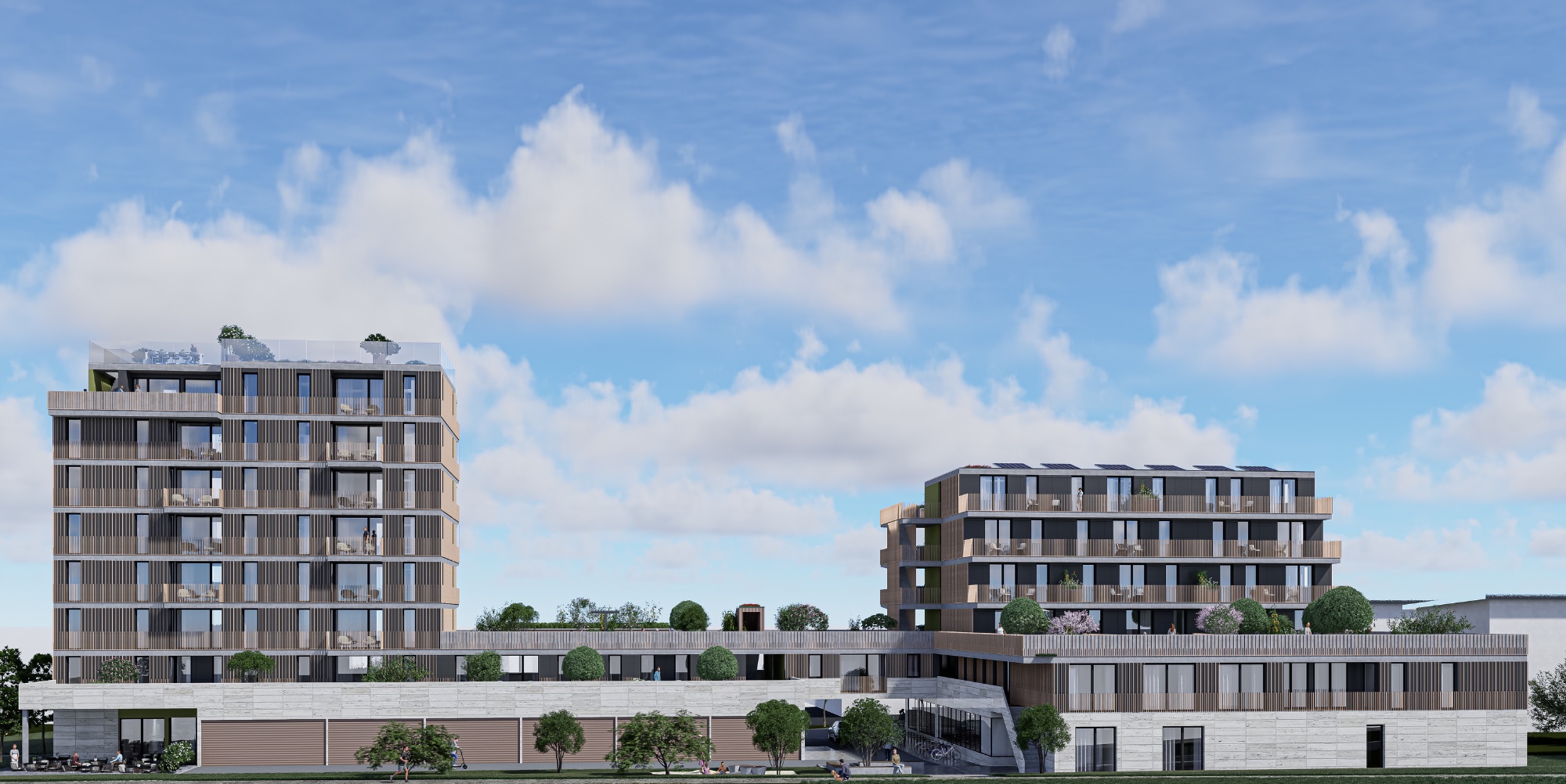 Frontalansicht mit Gewerbeflächen im Erdgeschoss